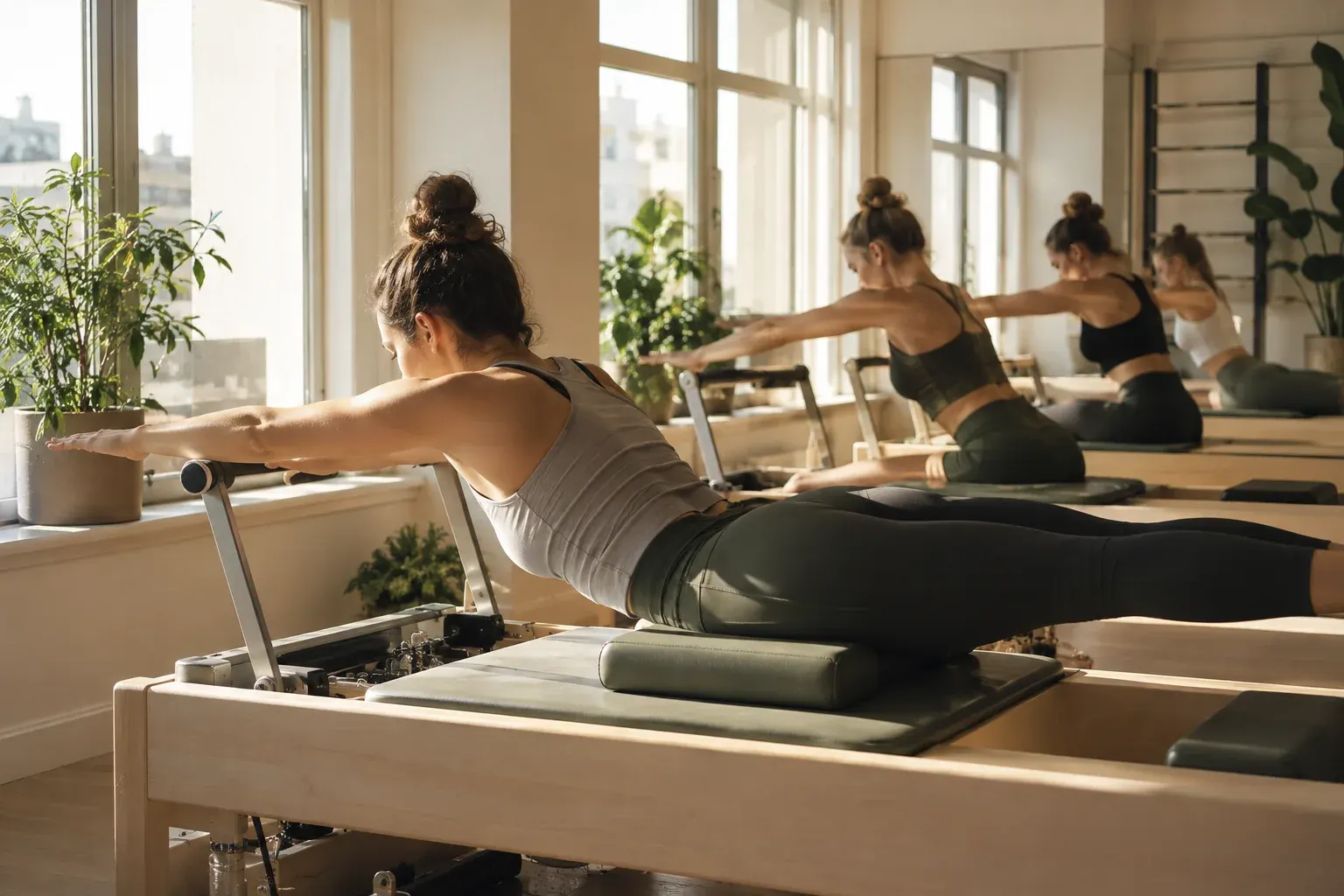 Estudio de Pilates luminoso, con luz natural y ambiente acogedor